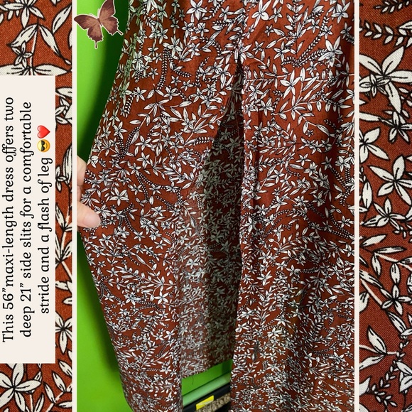 GAOVOT NWT L BROWN/IVORY FLORAL LONG MAXI DRESS W SIDE SLITS LIGHTWEIGHT UNLINED - Picture 5 of 16